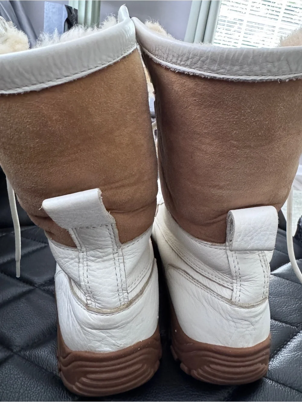UGG Women's White Leather Lace-Up Winter Boots with Shearling Trim